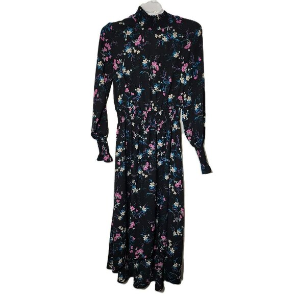 Nanette Lepore Floral Midi Dress | Size 4 | Black Hi-Low Hem | Smocked Waist/Cuf - Picture 2 of 10